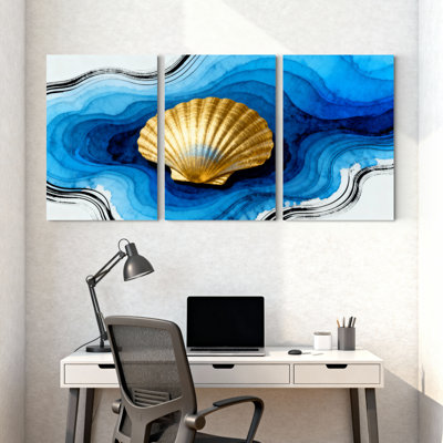 Blue Waves Golden Shell, ensemble de 3 reproductions d'art sur toile