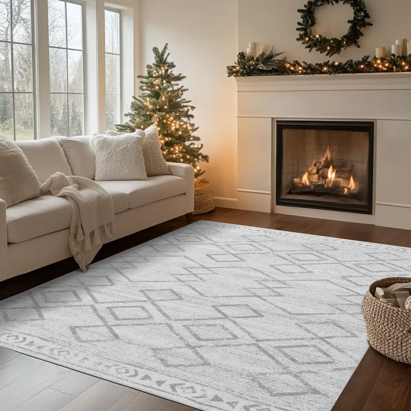 Geometric Non-Slip Machine Washable Grey Area Rug, Rectangle 2' x 3'