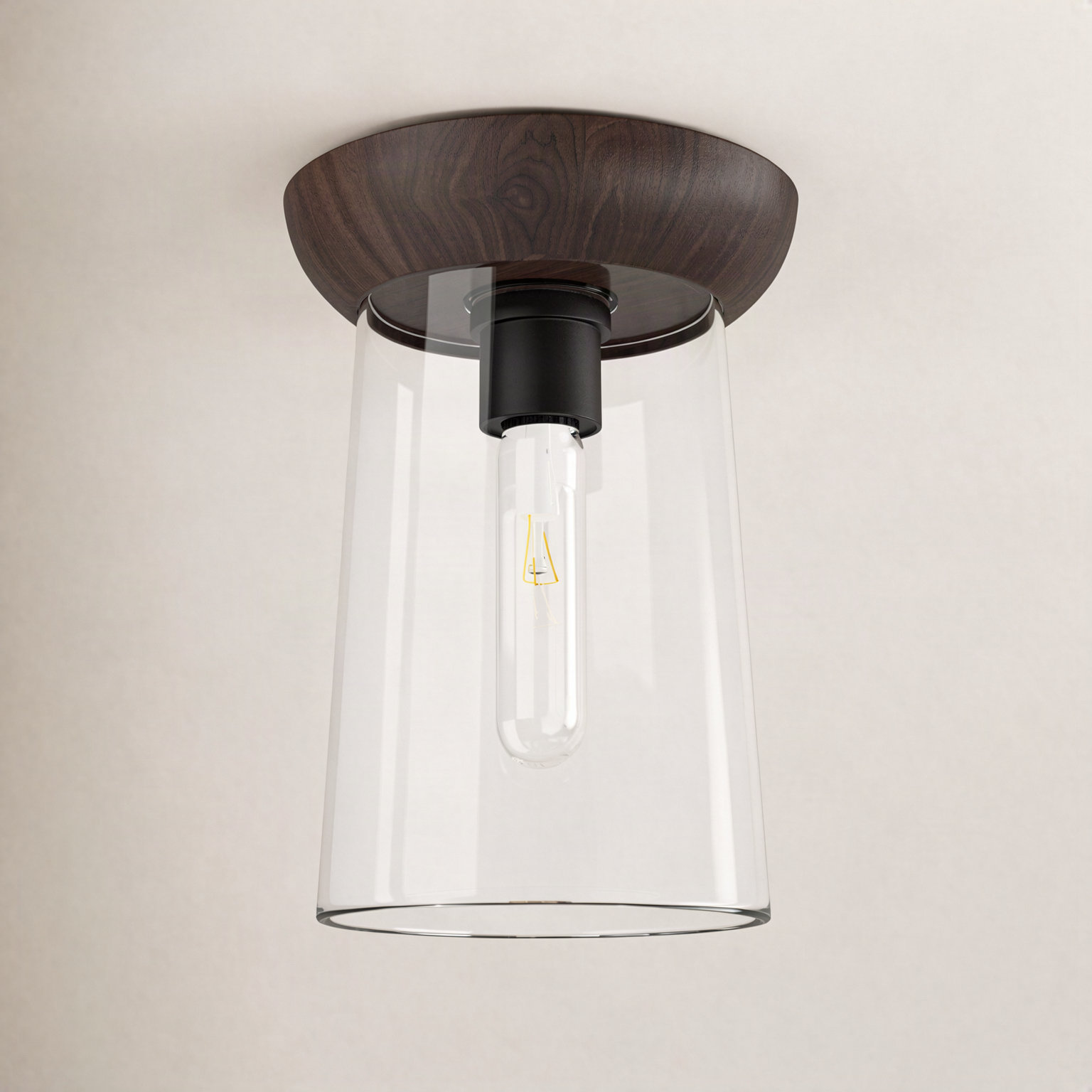 Tabitha Single Light Glass Flush Mount, Matte Black/Walnut