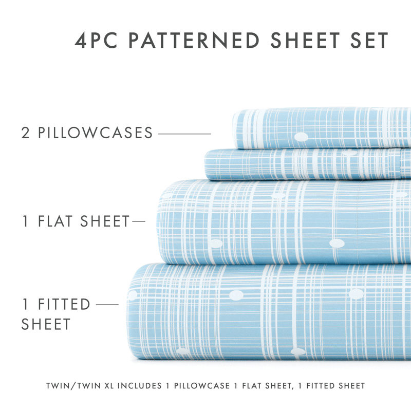 Aqua Plaid Twin Microfiber Sheet Set with Cotton Blend