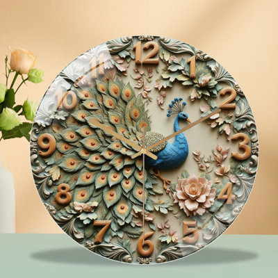 Peacock Wall Clock Decorative Art Home Decor Art - 12'' Modern Glass Wall Clock