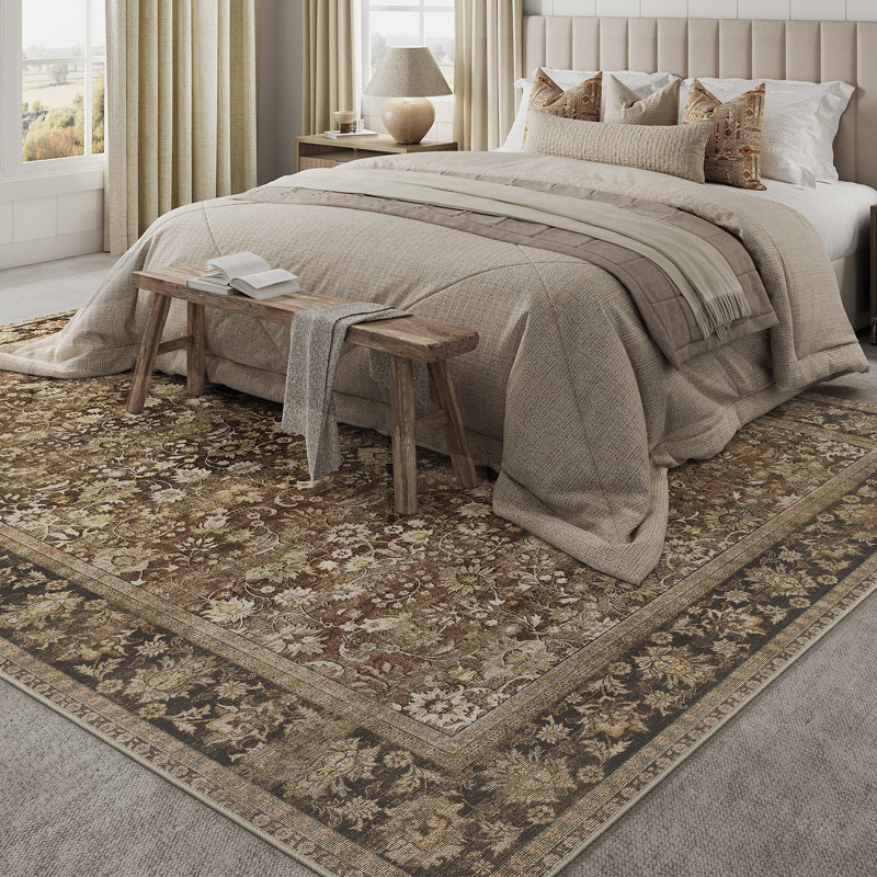 Kitty Machine Washable Oriental Area Rug with Non-Slip Backing, Rectangle 6' x 9', Brown