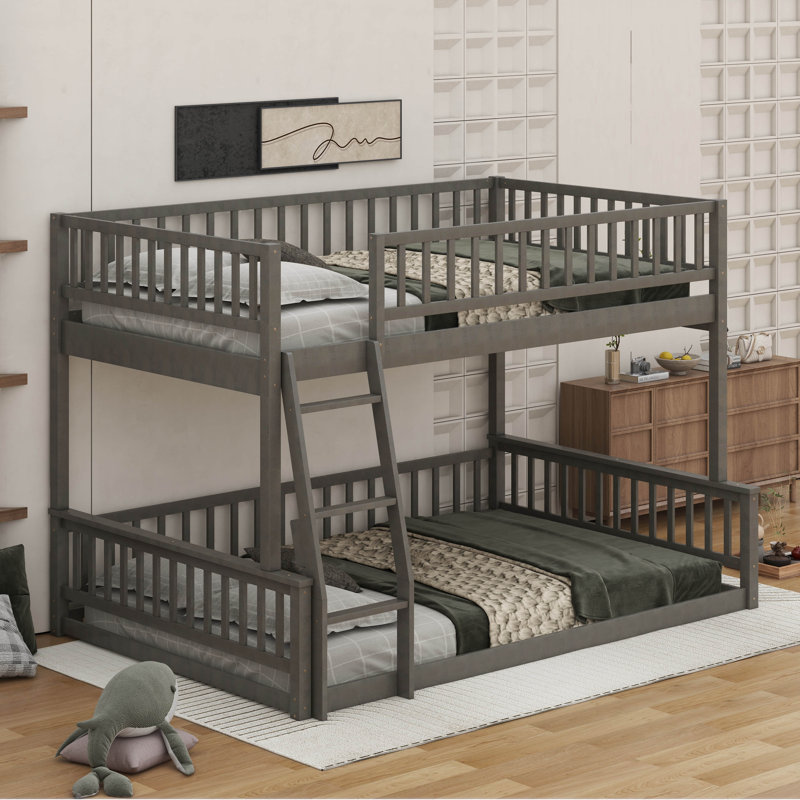 Full XL Over Queen Bunk Bed With Guardrails And Ladder, Gray