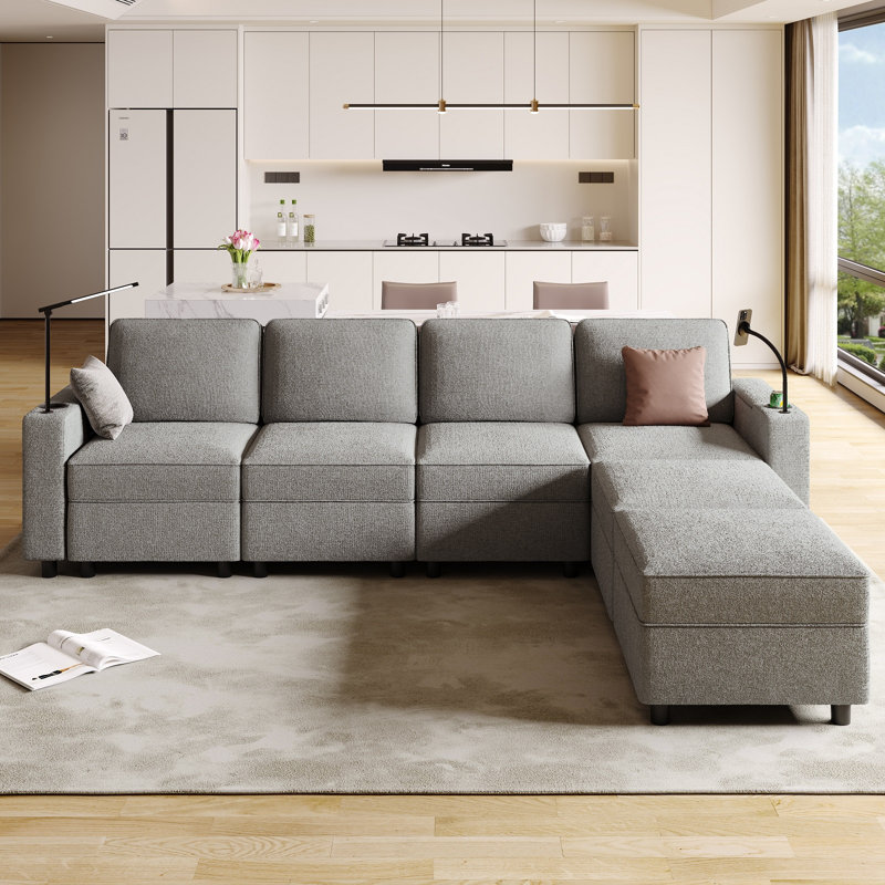 Canapé modulaire en L 7 pièces avec rangement et 2 repose-pieds pour le salon Lilley, Mélange de polyester gris