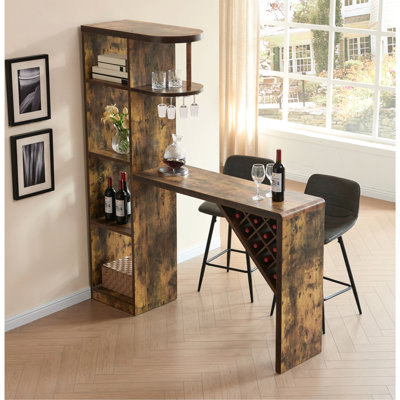 Table de bar en bois vieilli avec armoire à vin, porte-verres en métal et rangement pour bouteilles, 47,25 po de longueur, 15,5 po de profondeur, peut contenir 6 verres et 9 bouteilles