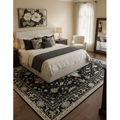 8'X10' Washable Non-Slip Area Rug - Vintage Distressed Medallion Floral, Black Brown Neutral Dark Tan | Living/Bedroom/Dining Room