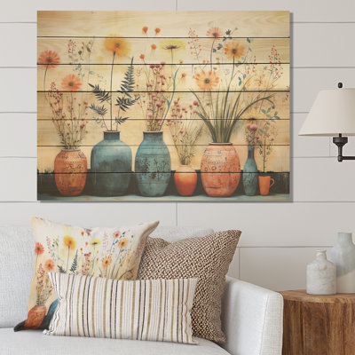 Aquarelle florale bleue IV - poterie bohème sur bois