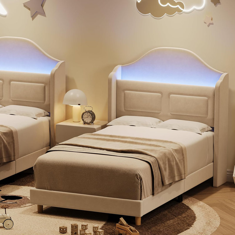 Upholstered Twin Bed Frame With LED Lights, Velvet Platform Bed Frame With Wing Back Storage Headboard, Wood Slats Support, No Box Spring Needed, Easy Assembly, Beige