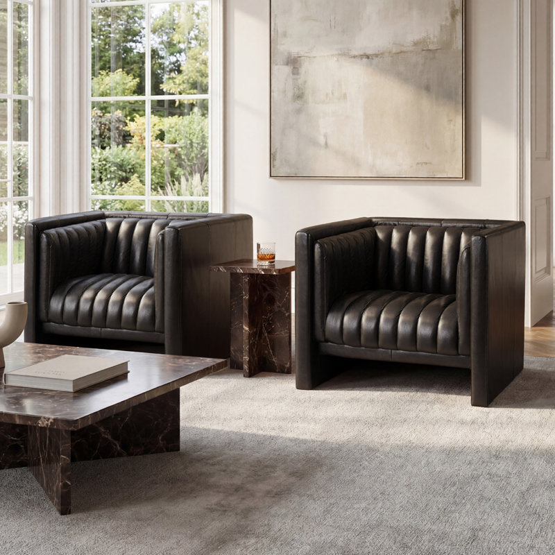 Broderic 38" W Oversized Full-Grain Leather Upholstered Square Channel Tufted Accent Armchair, Single Sofa (Set of 2), Black
