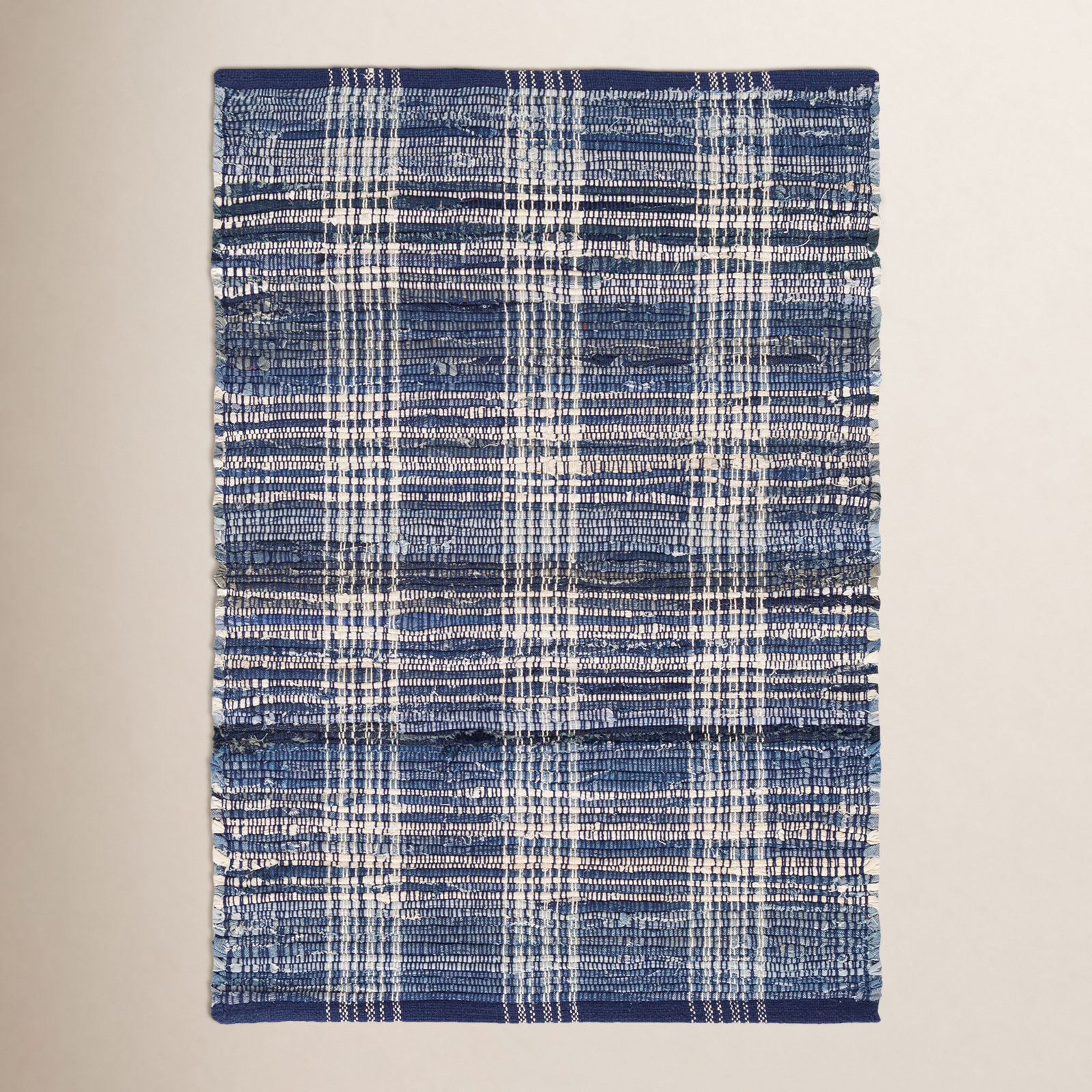 Denim Plaid Hand-Woven Cotton Rug, Rectangle 3' x 5'