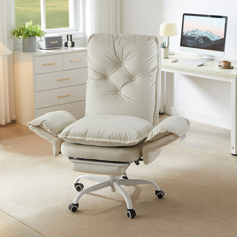 Chaise de bureau croisée beige en velours avec accoudoirs rabattables et repose-pieds, Velours beige, Blanc