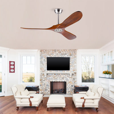 Ventilateur de plafond en bois massif 52 po, extérieur, 3 pales, sans lumière, noyer, pour porche de chambre à coucher pour patio, télécommande, résistant à l'eau