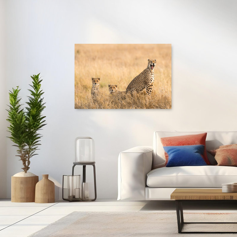 «Yawning Cheetah And Cubs Peaceful Contemporary Cat Nature Wildlife», art mural, 32" H x 48" W