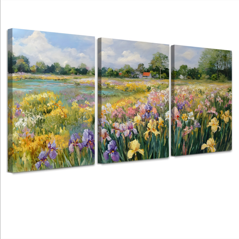 Floral Meadow, peinture à l'huile sur toile tendue, ensemble de 3 impressions pour le décor du salon, H 24 po x l 48 po
