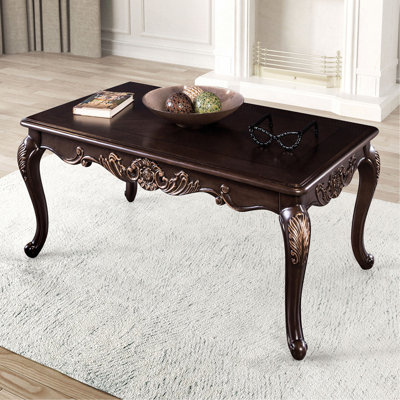 Table basse rectangulaire 1Pc avec pieds incurvés de style traditionnel, structure en bois massif sculptée avec finition dorée cerisier foncé