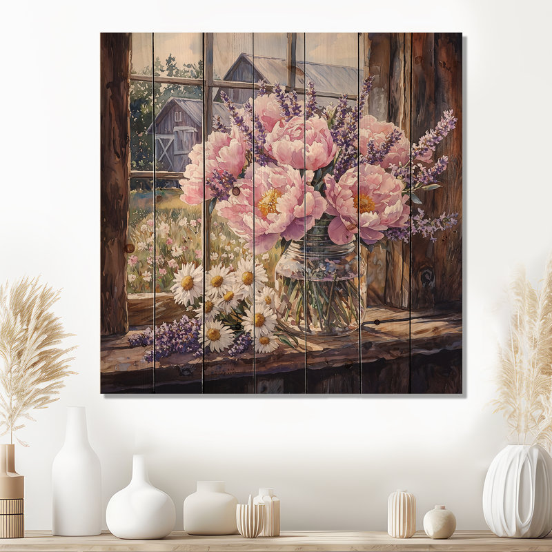 Mélange de pivoines et de lavandes Blush III - Bouquets de bois assortis - sur bois de pin naturel