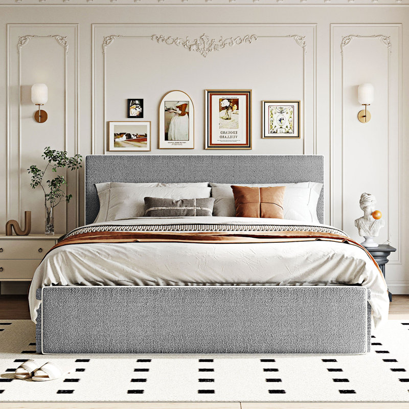Lit standard rembourré avec rangement, Grand, Gris
