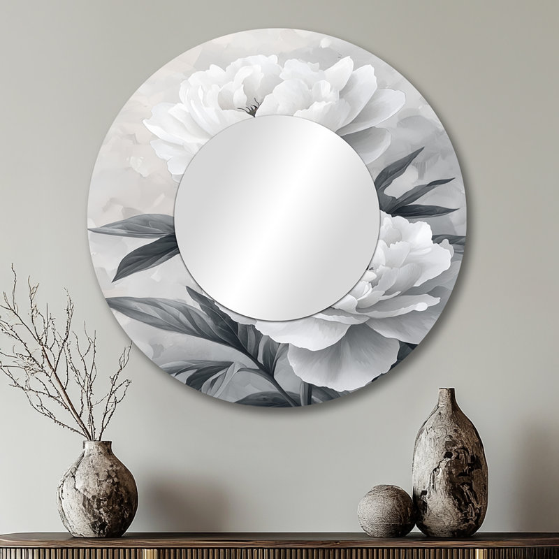 Monochrome Soft Focus Peonies I - Floral Mirror For Wall Art Decor - Printed On Metal, 29" x 29"