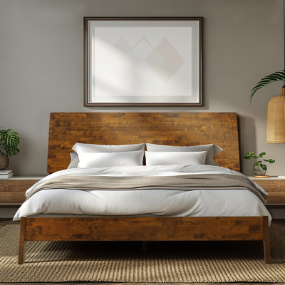 Premium Solid Wood Bed Frame with Headboard, Scandinavian Signature High Headboard Wood Bed