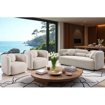 3-Piece Modern Boucle Living Room Sofa Set, 5-Seat Upholstered Curved Couch with Accent Chairs