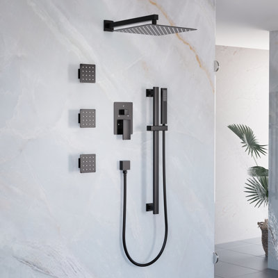 3-Function Shower System With 12" Ultra-Thin Square Shower Head,Body Jets And Hand Shower (Valve Included)