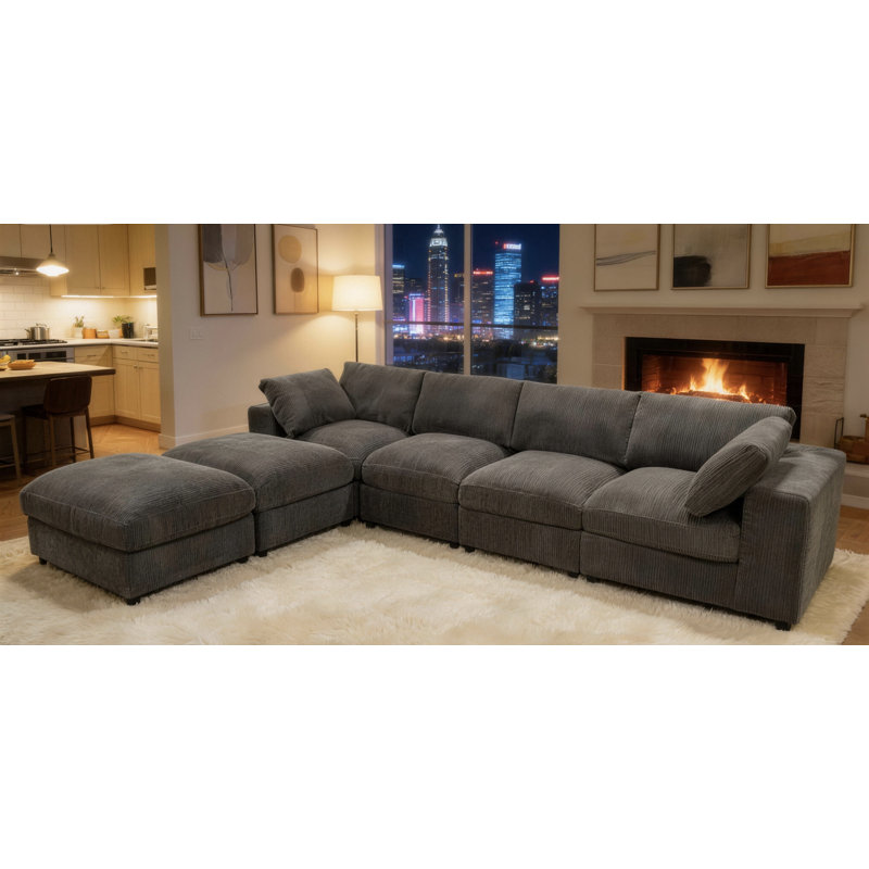 Canapé et chaise modulaire réversible de 138 po de largeur Aprea, Velours côtelé gris