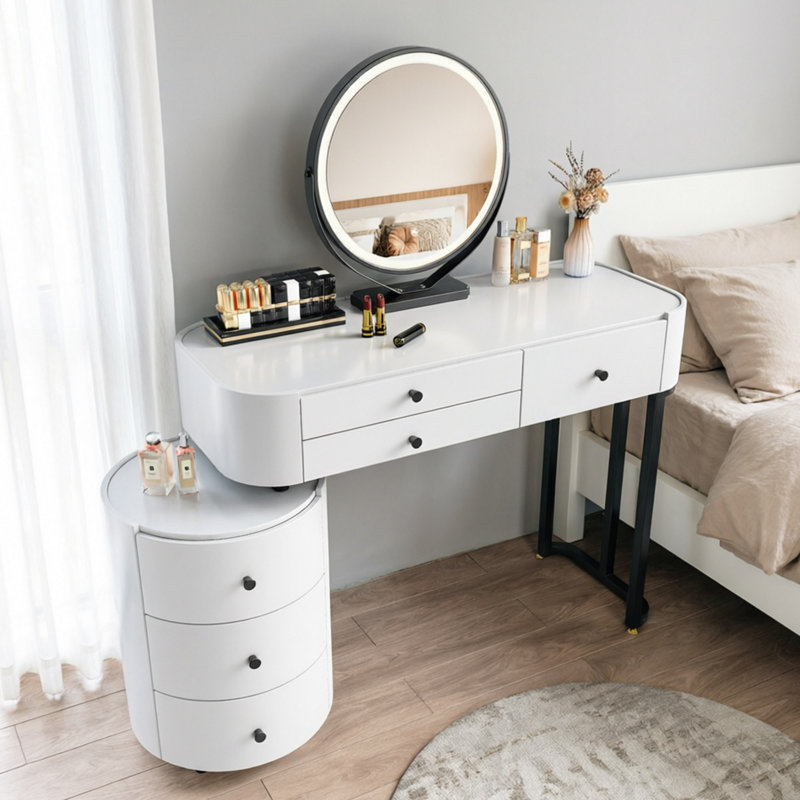 Minimalist Makeup Vanity With Detachable Led Mirror, Rotatable Side Cabinet, Vanity Desk For Bedroom