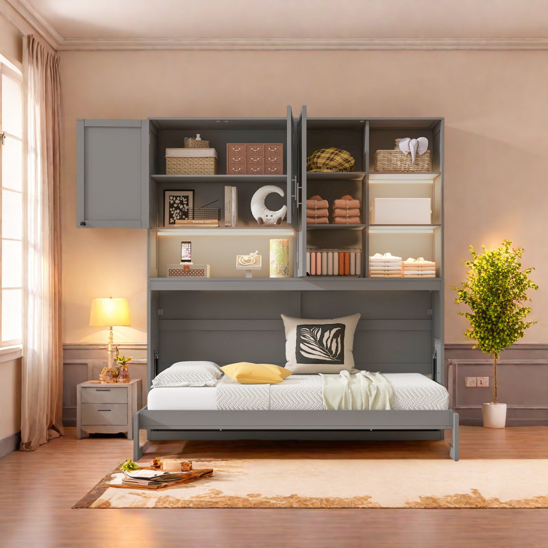 Lit escamotable mural simple avec armoire supérieure, tablettes, lit pliable peu encombrant avec lumière et USB, Gris