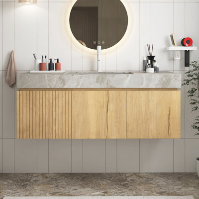 Meuble-lavabo de salle de bain avec lavabo, armoire de rangement flottante en contreplaqué avec tiroir et 2 portes, comptoir en pierre frittée gris clair avec lavabo