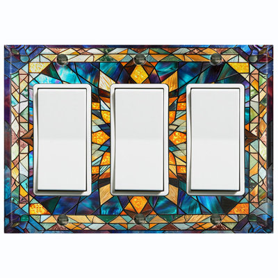 Plaque d'interrupteur en métal ; interrupteur à bascule GFI 3 modules, format standard américain - Motif géométrique en vitrail imprimé