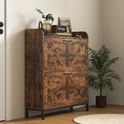 Shoe Storage Cabinet With 2 Flip Drawers, Legs, Farmhouse Freestanding Narrow Shoe Cabinet, Slim Hidden Rack Organizer For Entryway, Hallway, Wood Grain