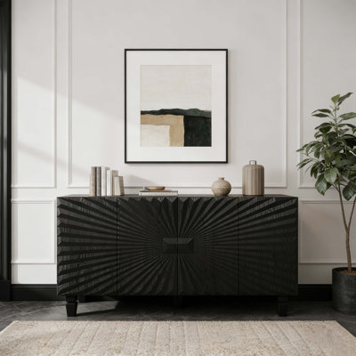 Buffet 59 po noir moderne avec 4 portes Sunburst, armoire de rangement avec pieds en bois massif, grande armoire de rangement pour la cuisine, la salle à manger, le salon et le vestibule