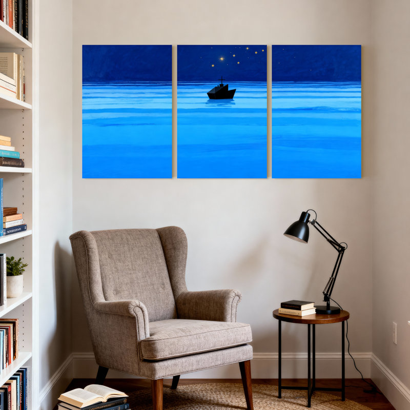 «Night Sea Boat Stars Calm Water Sky», ensemble de 3 impressions sur toile, H 18 po x l 36 po