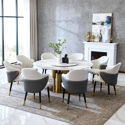 Table ronde de 59 po pour la salle à manger, 360 paresseux, impact - et pierre frittée facile à nettoyer, luxe minimaliste américain, sièges 8, table de cuisine blanc doré, plateau de table rotatif en pierre de 12 mm, pour nettoyer, teindre et