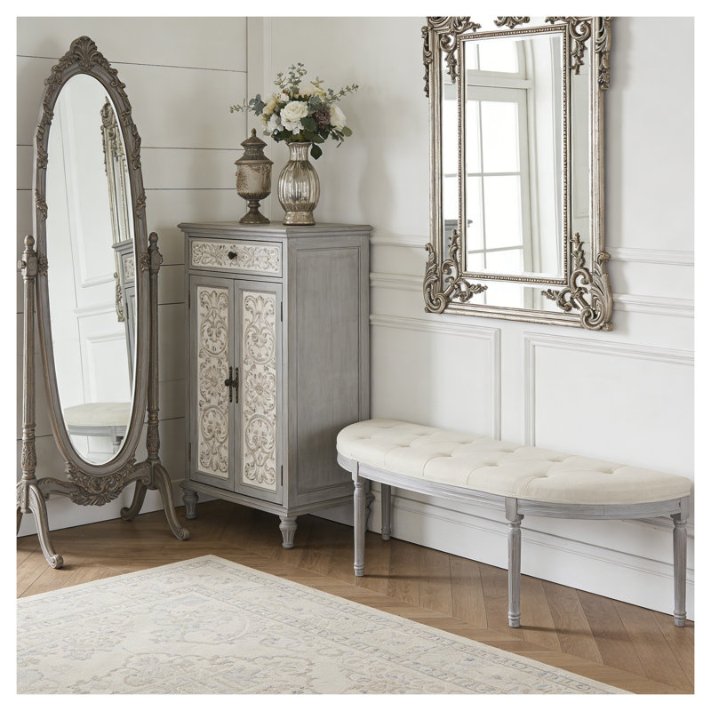 Banc capitonné beige Coastal avec motif demi-croissant et base en bois gris patiné