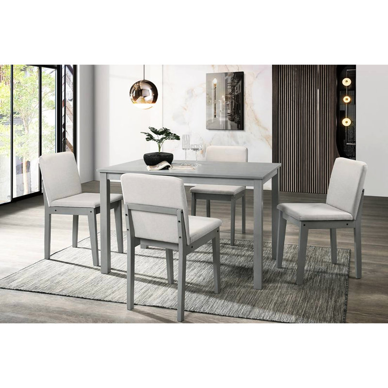Salle à manger 5 pièces à finition grise avec table rectangulaire et 4 chaises, sièges rembourrés beiges, placage en bois d'hévéa, mobilier de style transitionnel 5, table, beauté classique en bois massif