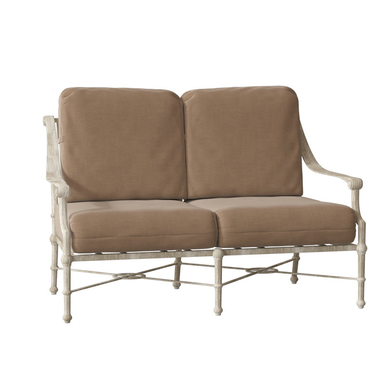 Delphi 55'' Wide Metal Loveseat with Cushions, Canvas Heather Beige Sunbrella Canvas, Pewter