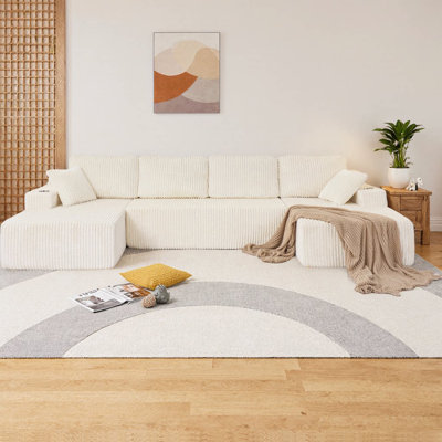 U-Shaped Modular Corduroy Sectional Sofa, 130" Wide Cloud Couch with Pocket Springs, 6-Seat Convertible Set with Metal Cup Holders, Storage Pockets & Anti-Slip Backrest, 1800 lb Capacity