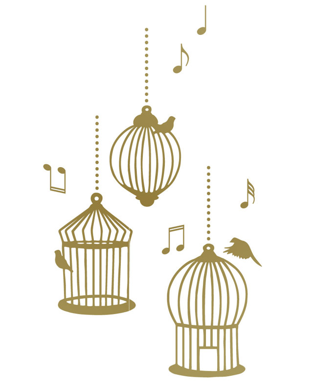Décalcomanie murale cages d’oiseaux de chanson, H 37 po x l 22 po x P 0,01 po, Or