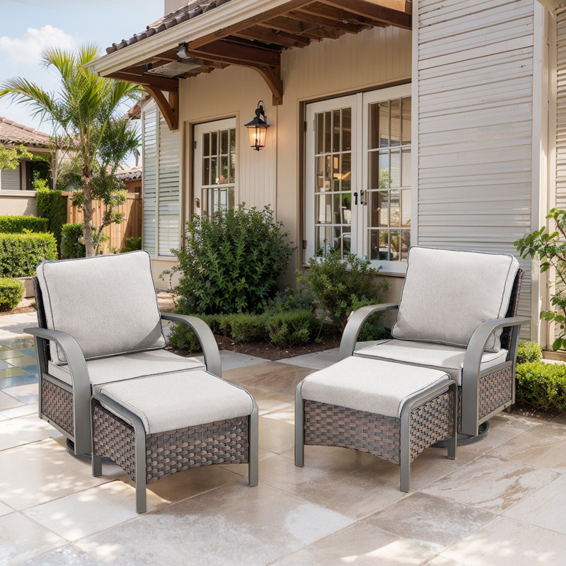 Bobra Outdoor Wicker Rattan Swivel Rocking Patio Chairs With Cushions And Ottomans, Beige