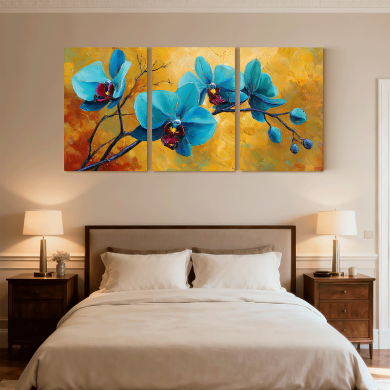 Plantes et fleurs, orchidées bleues sur fond doré, ensemble de 3 impressions sur toile, H 36 po x l 72 po