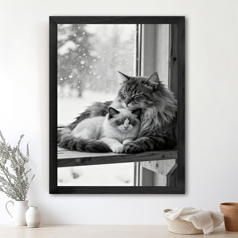 Reproduction d'art encadré noir avec chats rétro blottis ensemble dans une ambiance chaleureuse, H 37 po x l 25 po