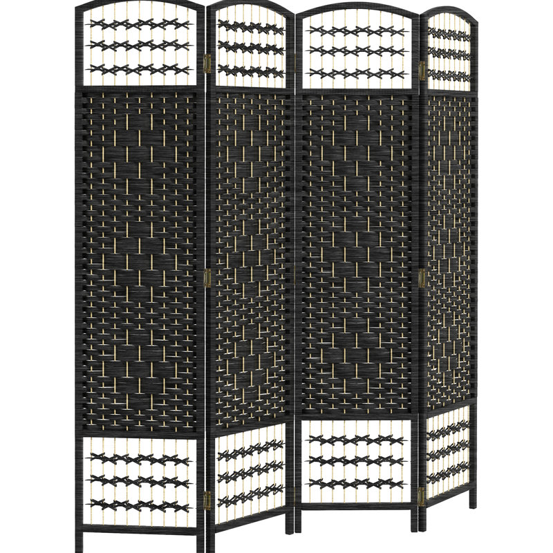 Paravent 4 panneaux pliable noir, écran d'intimité, 5,6 pi, cloison en fibre ondulée, tissé à la main pour la chambre à coucher, le salon, le coin astucieux