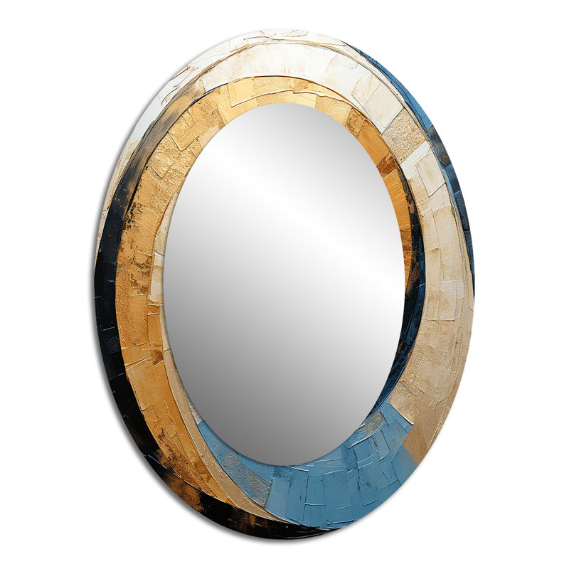 Gold Blue Minimalism Spiral Poteries I - Large Oval Wall Mirror On Metal, 40" x 30"