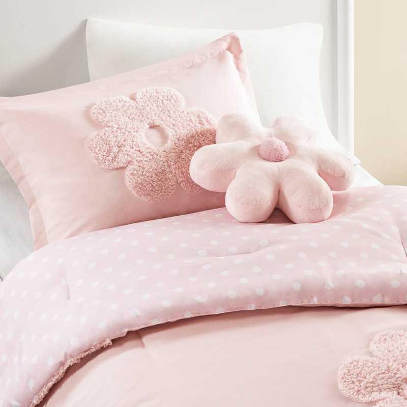 3 édredon en chenille rose à 3 motifs floraux avec coussin décoratif et lavable à la machine