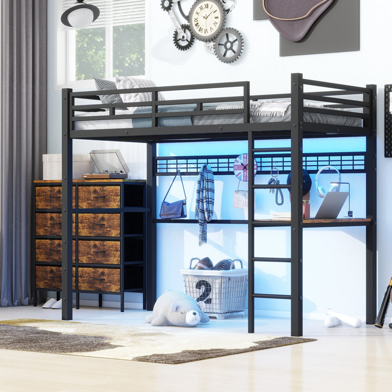 Loft Bed Twin Size With Desk, 8 Storage Drawers,charging Station, High Quality Metal Loft Bed With Led Lights,space-saving Design With Build In Safety Ladder