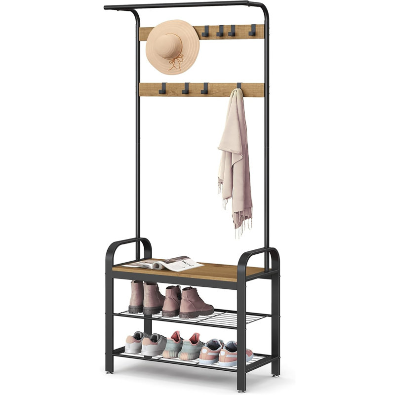 Arbre d'entrée 28 po 4 en 1 pour vestibule, portemanteau avec banc à chaussures, 9 crochets amovibles et tringle à vêtements