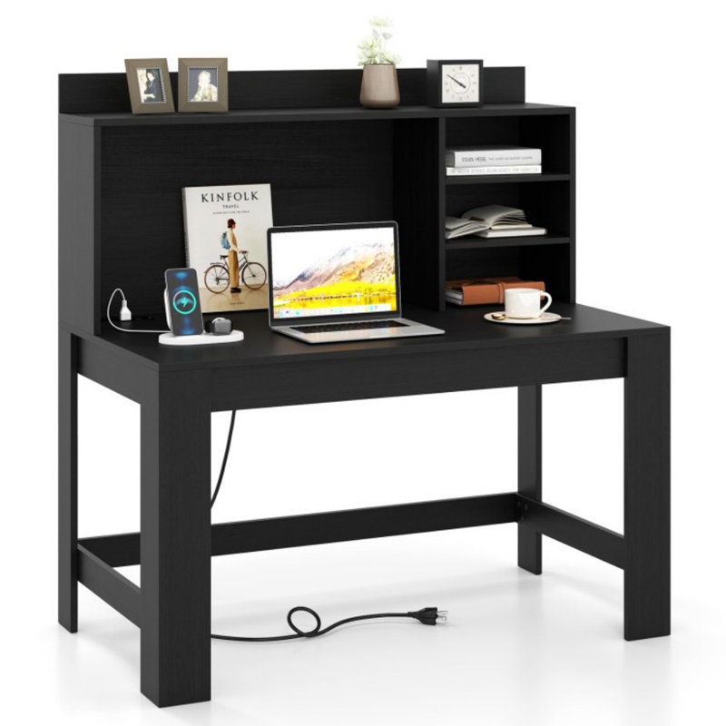Modern Computer Desk With Hutch And Storage Shelves, Black