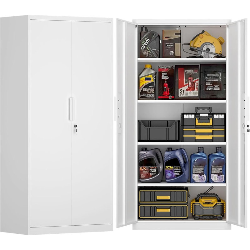 White Steel Locking Storage Cabinet 72" – Metal Cabinet With Doors & Adjustable Shelves, Large File & Tool Organizer For Home, Office, Garage, School