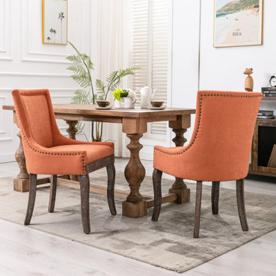 Chaises de salle à manger orange en tissu épaissi orange, 2 côtés, pieds en bois massif, tête de clou bronze, 20,37 po Largeur, hauteur de la chaise 35,69 po, côté, tissu, orange, profondeur de 23,38 po, hauteur, largeur